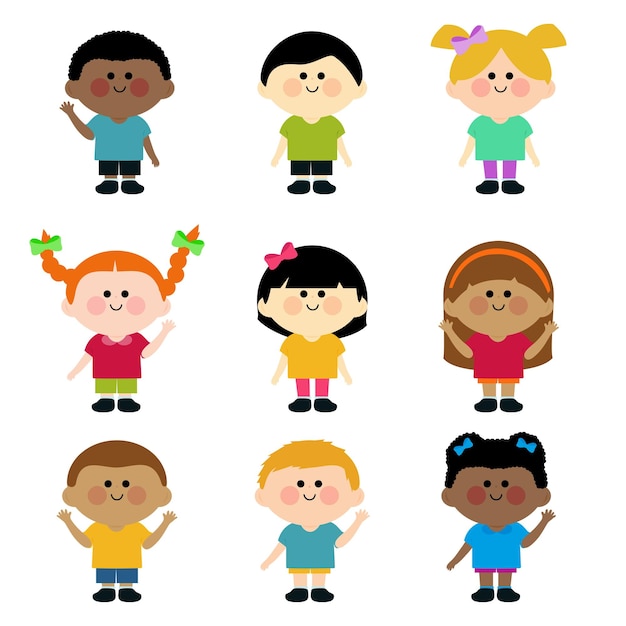 Grupo diverso de niños niños multirraciales felices niños y niñas Ilustración vectorial