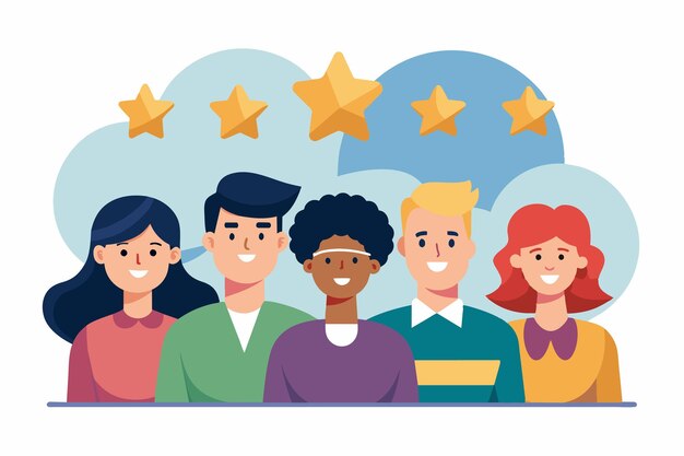 Grupo diverso de personas con caras sonrientes y cinco estrellas