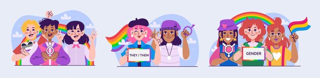 Un grupo diverso de personas celebrando el orgullo lgbtq+ con banderas y letreros.