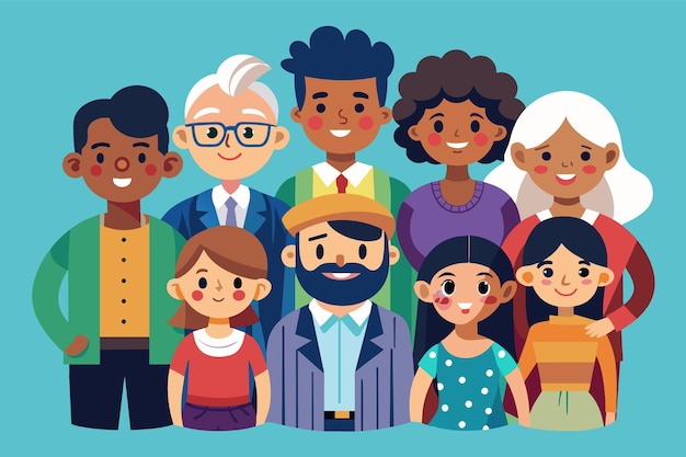 Un grupo diverso de personas de dibujos animados de diferentes edades, géneros y etnias se paran juntos sonriendo
