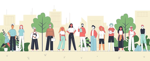 Un grupo diverso de personas de pie en un parque de la ciudad con árboles y edificios en el fondo con ropa casual sosteniendo aparatos y documentos