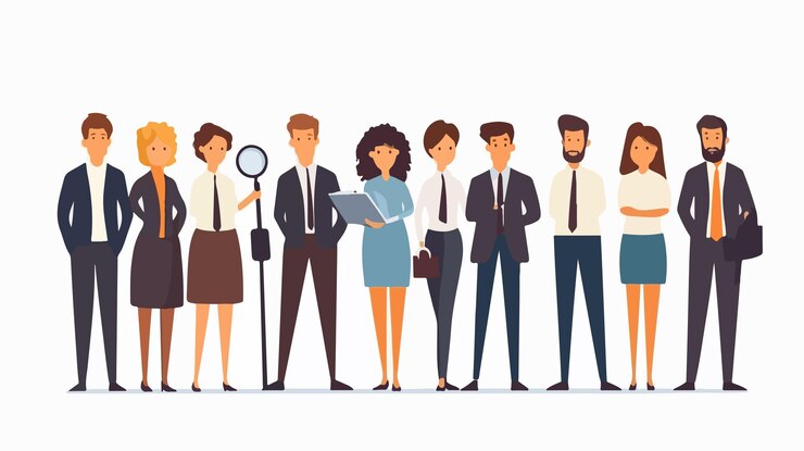Vector grupo diverso de personas que buscan nuevas oportunidades de trabajo con currículums en la mano