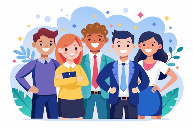 Un grupo diverso de profesionales sonriendo en una ilustración de trabajo en equipo