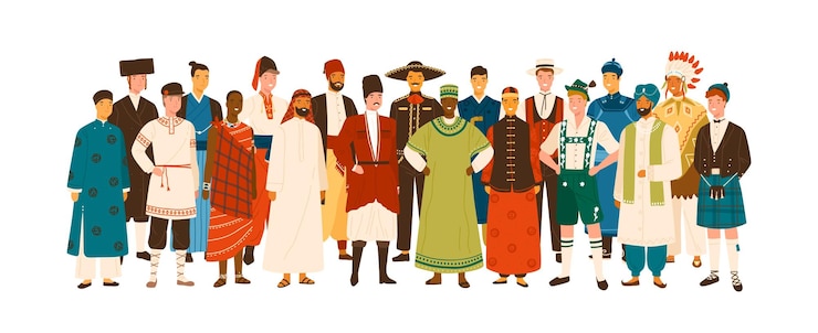 Vector grupo de diversos hombres sonrientes vestidos con trajes folclóricos de varios países ilustraciones planas vectoriales. hombres multinacionales felices de pie en ropa étnica aislado sobre fondo blanco.