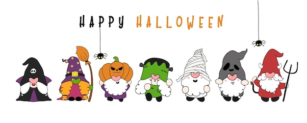 Grupo de divertidos gnomos de Halloween en traje de personaje de dibujos animados plana feliz Halloween banner
