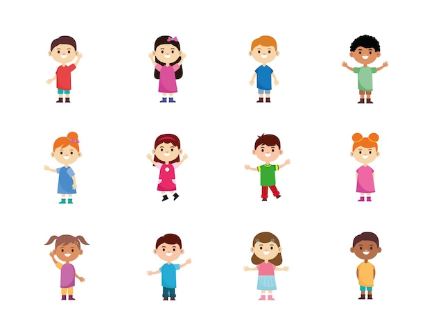 Grupo de doce personajes de niños pequeños interraciales felices ilustración
