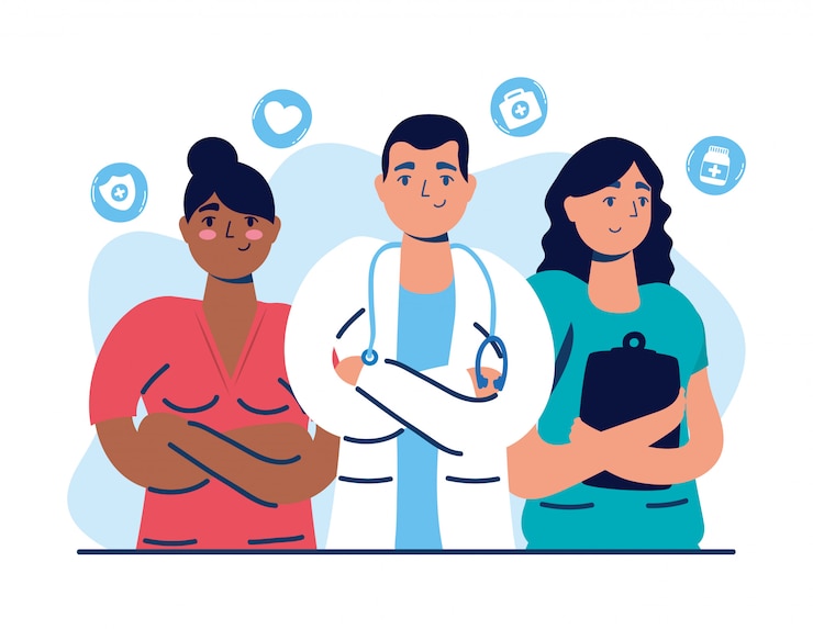 Vector grupo de doctores con iconos médicos