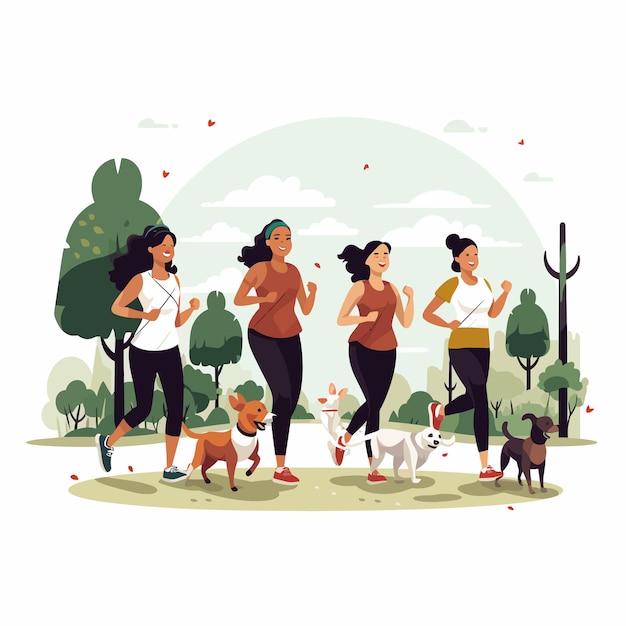 Vector grupo de edad media femenino que corre en el parque