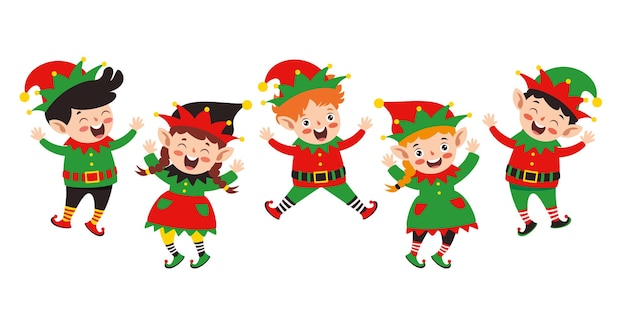 Grupo de elfos de dibujos animados celebrando la Navidad
