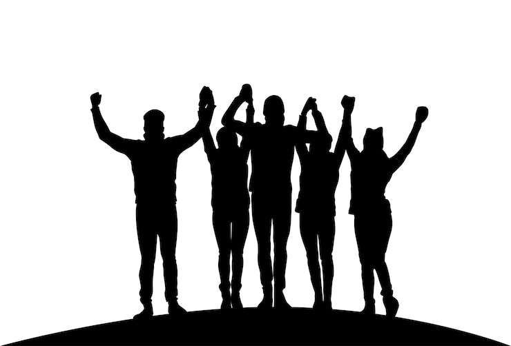 Vector grupo de empresarios con las manos levantadas feliz equipo exitoso negro siluetas