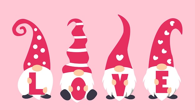 Grupo de encantadores gnomos lindos personajes con letras de amor vector