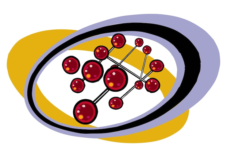 Vector un grupo de esferas rojas conectadas por líneas que se asemejan a una estructura molecular en estilo de dibujos animados