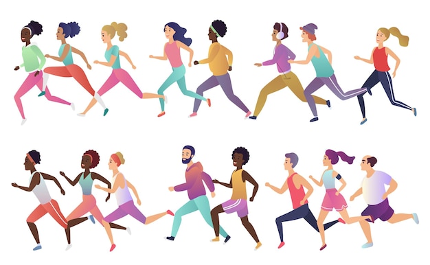 Grupo de estilo de vida activo de correr hombres y mujeres con ropa deportiva elegante