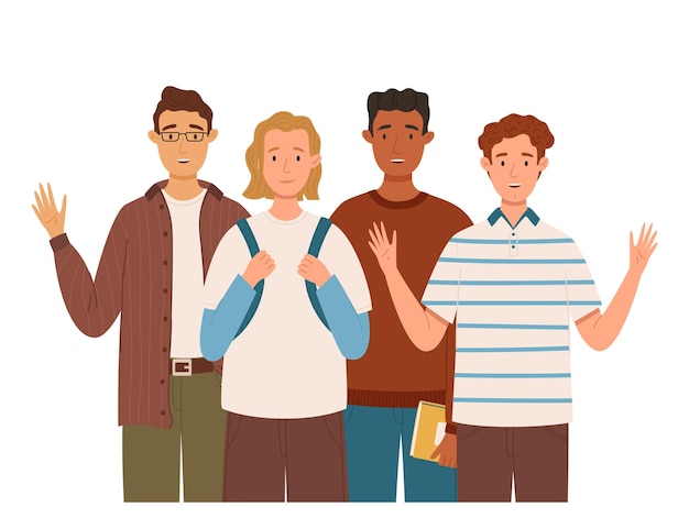 Grupo de estudiantes masculinos multiculturales ilustración vectorial plana jóvenes sosteniendo libros y mochilas con ropa informal