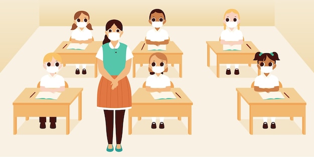 Grupo de estudiantes y profesores con máscaras faciales en clase