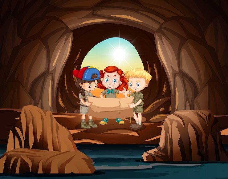 Vector un grupo de exploradores en la cueva