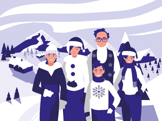 Vector grupo de familia con ropa de navidad en paisaje de invierno