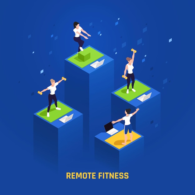 Grupo de fitness remoto ejercicio composición isomérica con miembros de la clase y entrenador en pantallas de portátiles ilustración vectorial de fondo