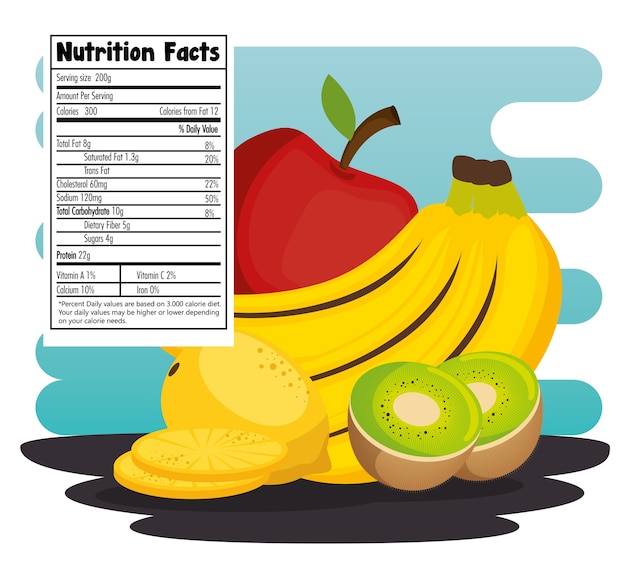 grupo de frutas con diseño de ilustración vectorial de hechos de nutrición