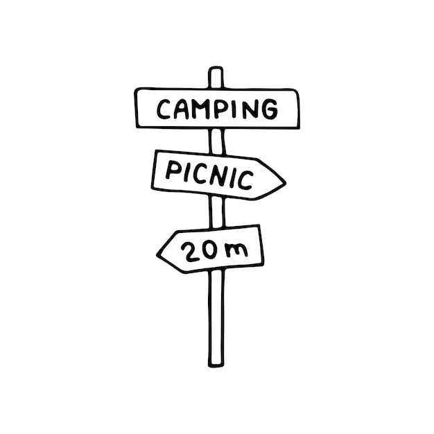 Grupo de garabatos dibujado a mano de poste de señal con texto de camping y picnic guidpost vectorial clipart de camping esquema