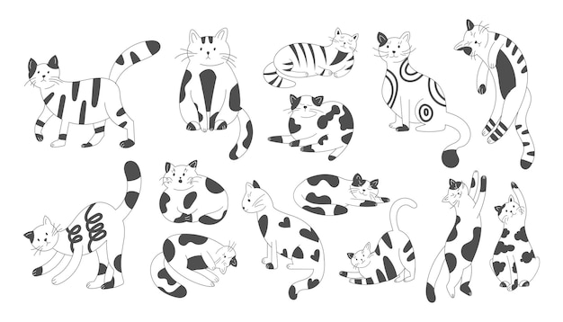 Un grupo de gatitos lindos dibujando gatos blancos y negros una mascota dibujada a mano divertida en diferentes poses una sonrisa y personajes de pelaje una colección de pegatinas de bocetos de animales felinos un conjunto de dibujos animados llamativos vectoriales