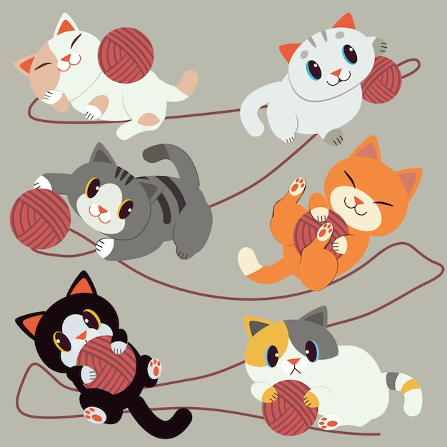 Un grupo de gato lindo jugando con el hilo rojo. El gato se ve relajado y feliz. Ellos están sonriendo. Lindo gato en estilo vector plano