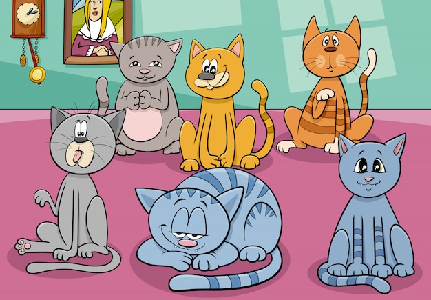 Vector grupo de gatos en la ilustración de dibujos animados de la casa