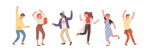 Grupo de gente diversa bailando aislado en blanco. Conjunto de feliz positivo hombre y mujer divirtiéndose en fiesta o festival de música vector ilustración plana. Persona de color en la pista de baile en el club nocturno.