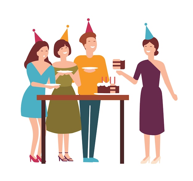 Grupo de gente linda y alegre cortando, probando pastel festivo y celebrando cumpleaños. hombre y mujeres felices disfrutando de la fiesta. delicioso postre de celebración. ilustración de vector de estilo de dibujos animados plana.