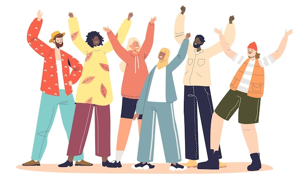 Grupo de gente multiétnica emocionada feliz de pie con las manos levantadas alegre celebrando el éxito y la victoria. Concepto de felicidad, celebración y unidad. Ilustración de vector plano de dibujos animados