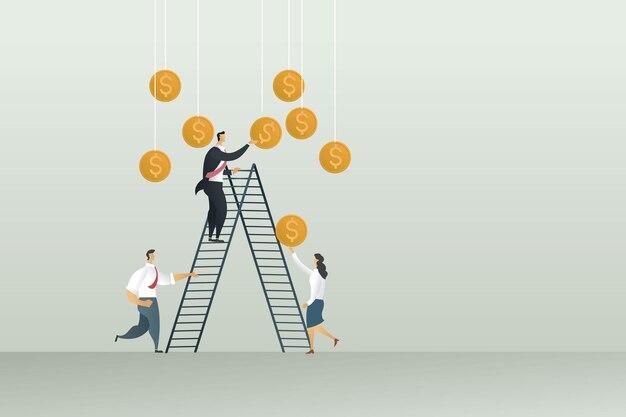 Grupo de gente de negocios cosecha beneficios por empresario sosteniendo una moneda de pie