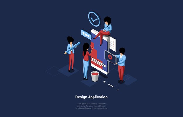 Grupo de gente de negocios que diseña caracteres pequeños de la aplicación que se colocan cerca del smartphone enorme y que trabajan la composición 3D