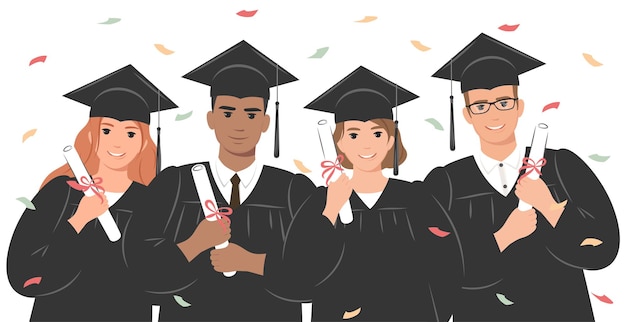 Vector grupo de graduados felices vistiendo una bata o bata académica y una gorra de graduación y sosteniendo un diploma