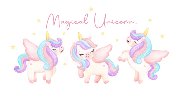 Grupo de hermosos unicornios acuarela pancarta de ensueño guardería ilustración de arte unicornio mágico