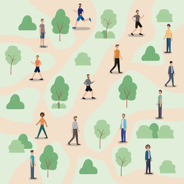 Grupo de hombres caminando sobre los personajes del parque
