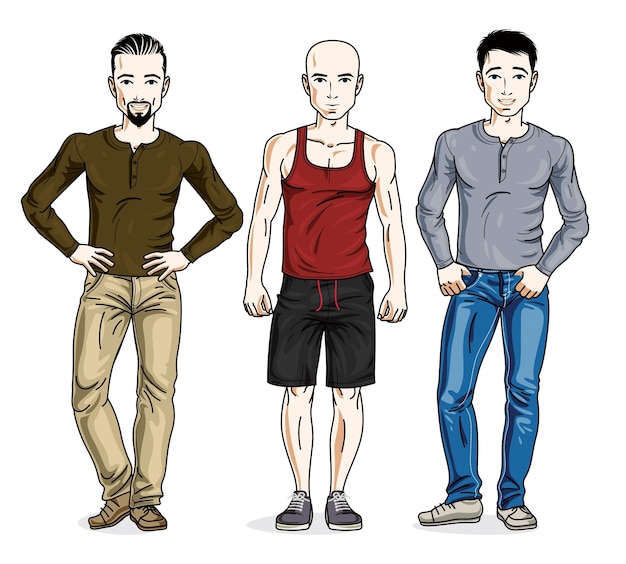 Vector grupo de hombres felices de pie con ropa informal. conjunto de ilustraciones de personas vectoriales.