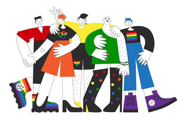 Grupo de hombres gay homosexuales de pie con la bandera del arco iris, símbolos lgbtq.