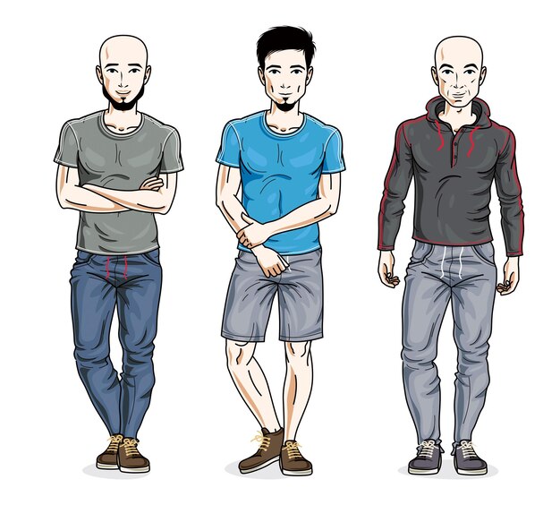 Grupo de hombres guapos confiados de pie en ropa deportiva con estilo. Conjunto de ilustraciones de personas vectoriales. Personajes masculinos temáticos de estilo de vida.