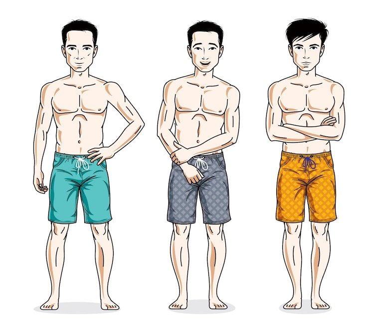 Vector grupo de hombres guapos de pie con pantalones cortos de playa. vector conjunto de caracteres de diferentes personas. personajes masculinos temáticos de estilo de vida.