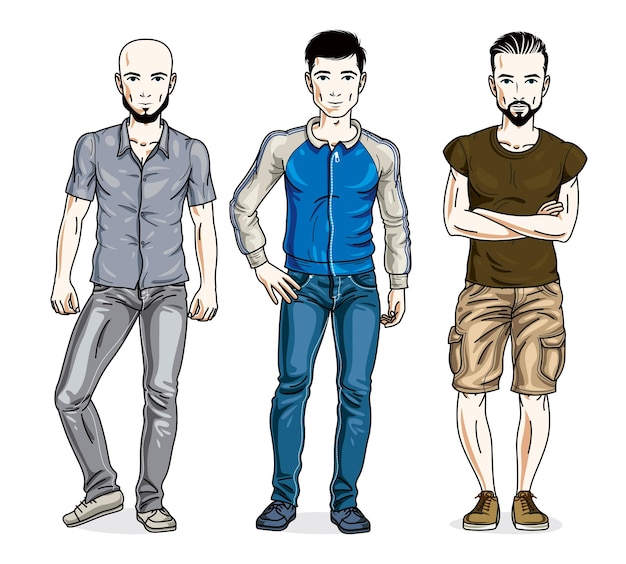 Grupo de hombres guapos de pie con ropa informal. conjunto vectorial de ilustraciones de personas hermosas.