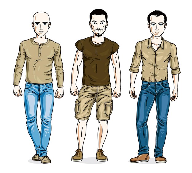 Grupo de hombres guapos de pie con ropa informal de moda. Conjunto vectorial de ilustraciones de personas hermosas.