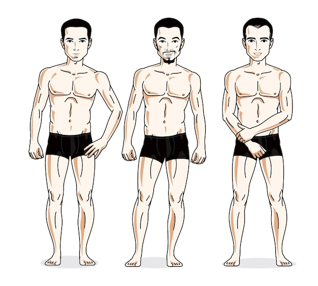 Grupo de hombres guapos de pie en ropa interior negra. Conjunto de caracteres vectoriales. Hombre atlético con cuerpo perfecto.