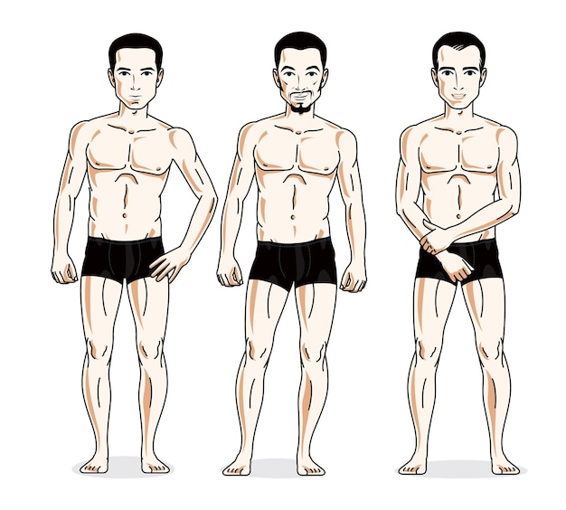 Vector grupo de hombres guapos de pie en ropa interior negra. conjunto de caracteres vectoriales. hombre atlético con cuerpo perfecto.