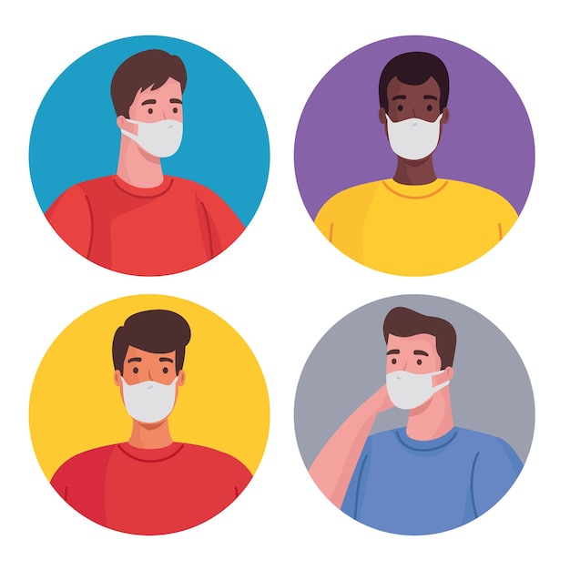 Grupo de hombres interraciales con personajes de máscaras médicas