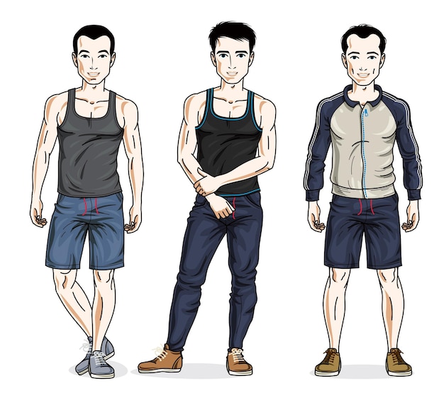 Grupo de hombres jóvenes guapos de pie con ropa deportiva elegante. Vector conjunto de caracteres de diferentes personas. Personajes masculinos temáticos de estilo de vida.