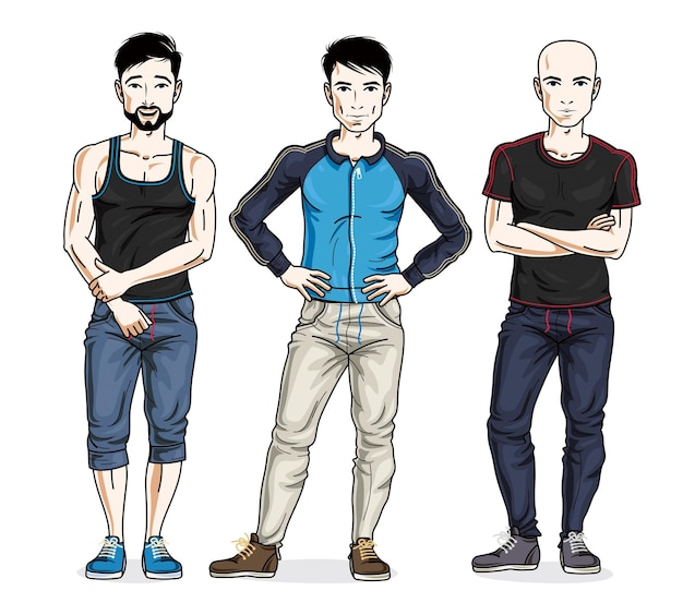 Vector grupo de hombres jóvenes guapos de pie con ropa deportiva elegante. vector conjunto de caracteres de diferentes personas. personajes masculinos temáticos de estilo de vida.