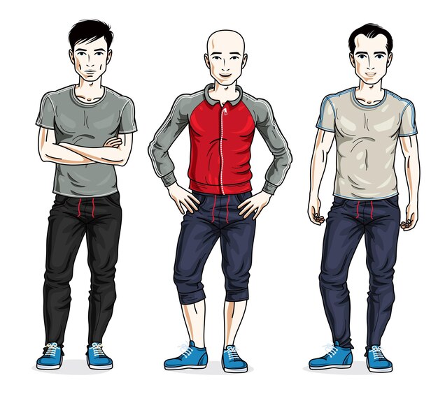 Grupo de hombres jóvenes guapos de pie con ropa deportiva elegante. Vector conjunto de caracteres de diferentes personas.