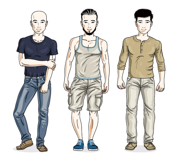 Grupo de hombres jóvenes guapos de pie con ropa informal. Conjunto de ilustraciones de personas vectoriales.