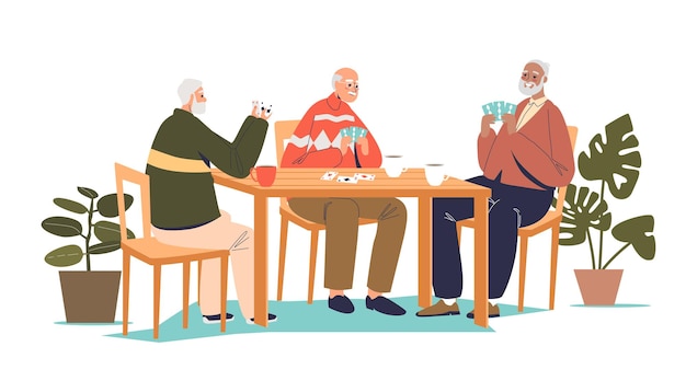 Grupo de hombres mayores sentados juntos en la mesa y jugando a las cartas ilustración