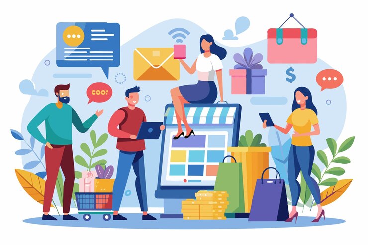 Vector un grupo de hombres y mujeres están comprando activamente en línea con dispositivos en una vibrante atmósfera de mercado hombres y mujeres comprando en línea